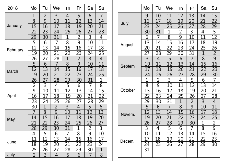 calendar 2018 monday to sunday